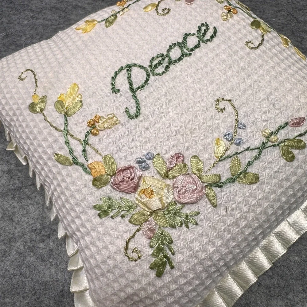 Vtg Joy + Peace Pillows Waffle Knit Floral‎ Embroidery 9x9 Satin Trim Stitching